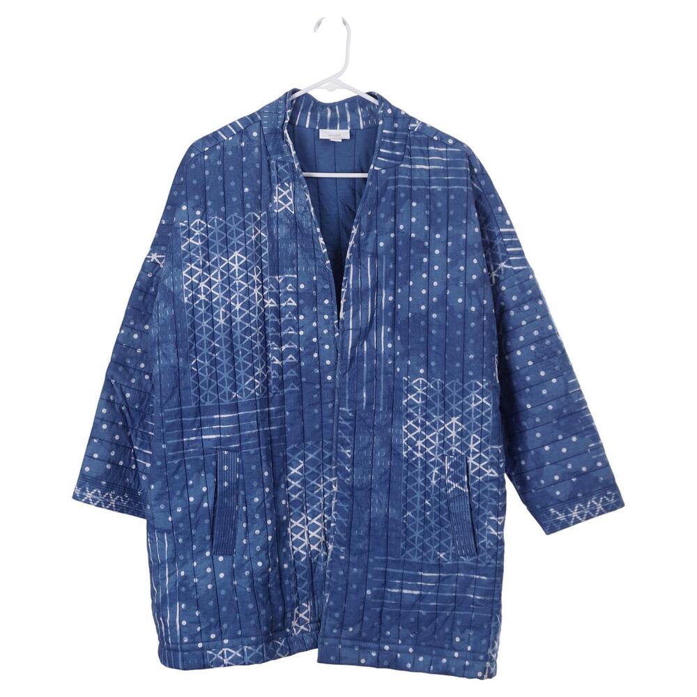 J. Jill Jacket XL Blue Mixed Print Quilted Open Front Pockets Pure Jill Casual